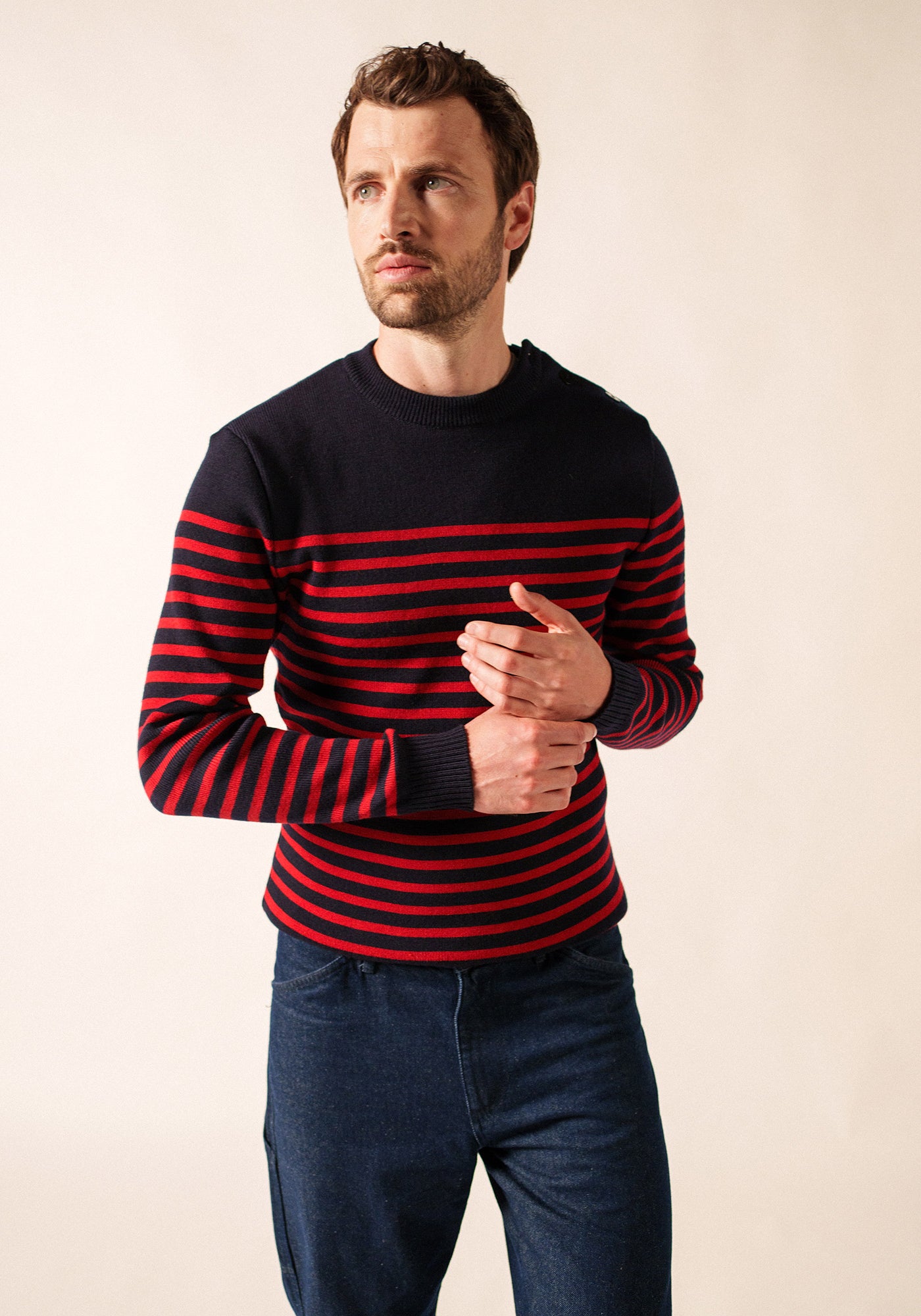 Pull marin rayé Rochefort - en laine mérinos (NAVY/MEDOC)